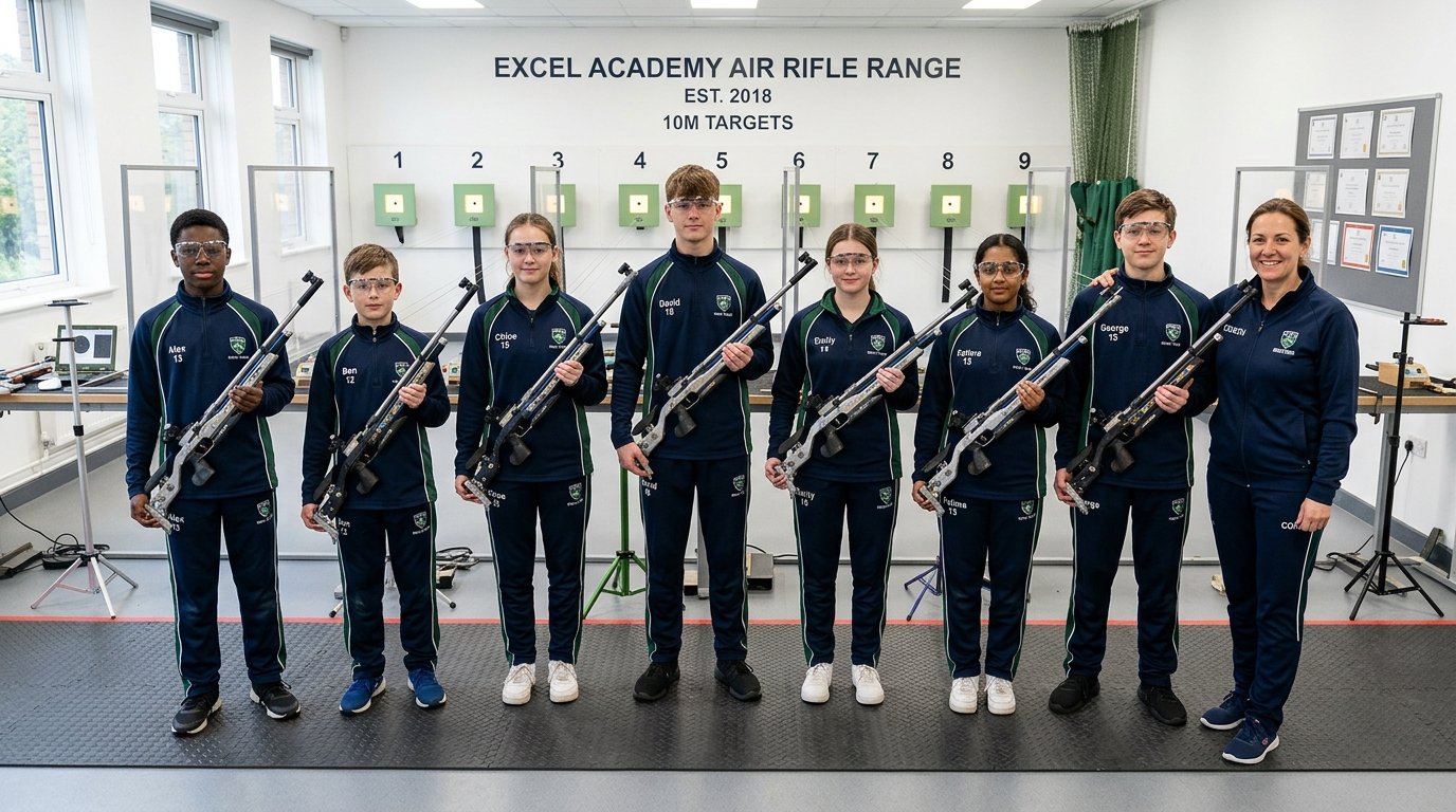 Junior school students training shooting sport under coach supervision